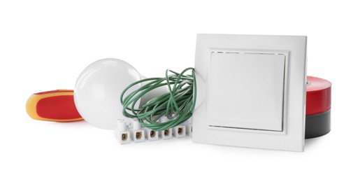 Set of electrician's accessories on white background