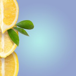 Image of Cut fresh lemons with green leaves on light blue gradient background, space for text