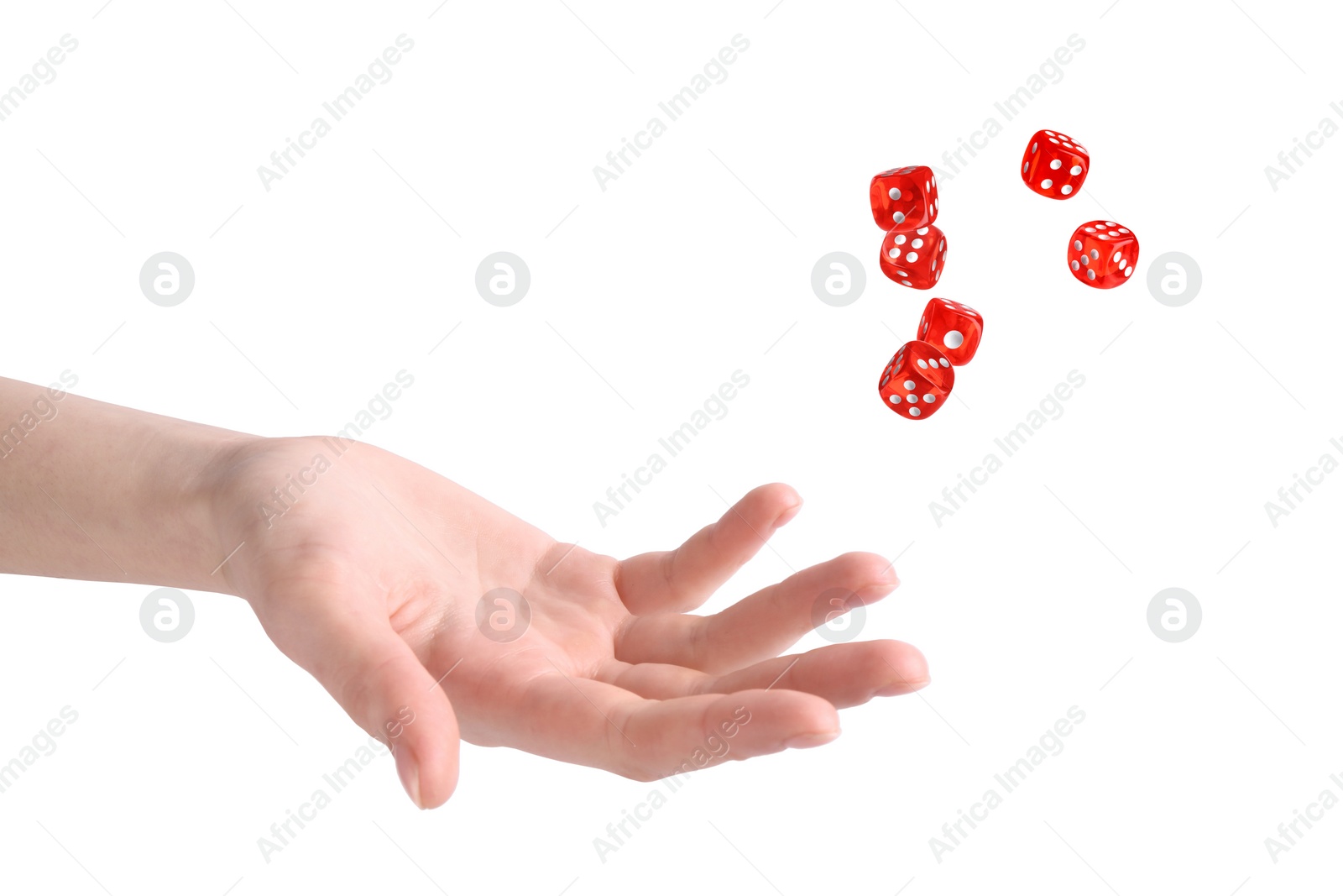 Image of Woman throwing red dice on white background, closeup