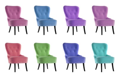 Different colorful armchairs isolated on white, set