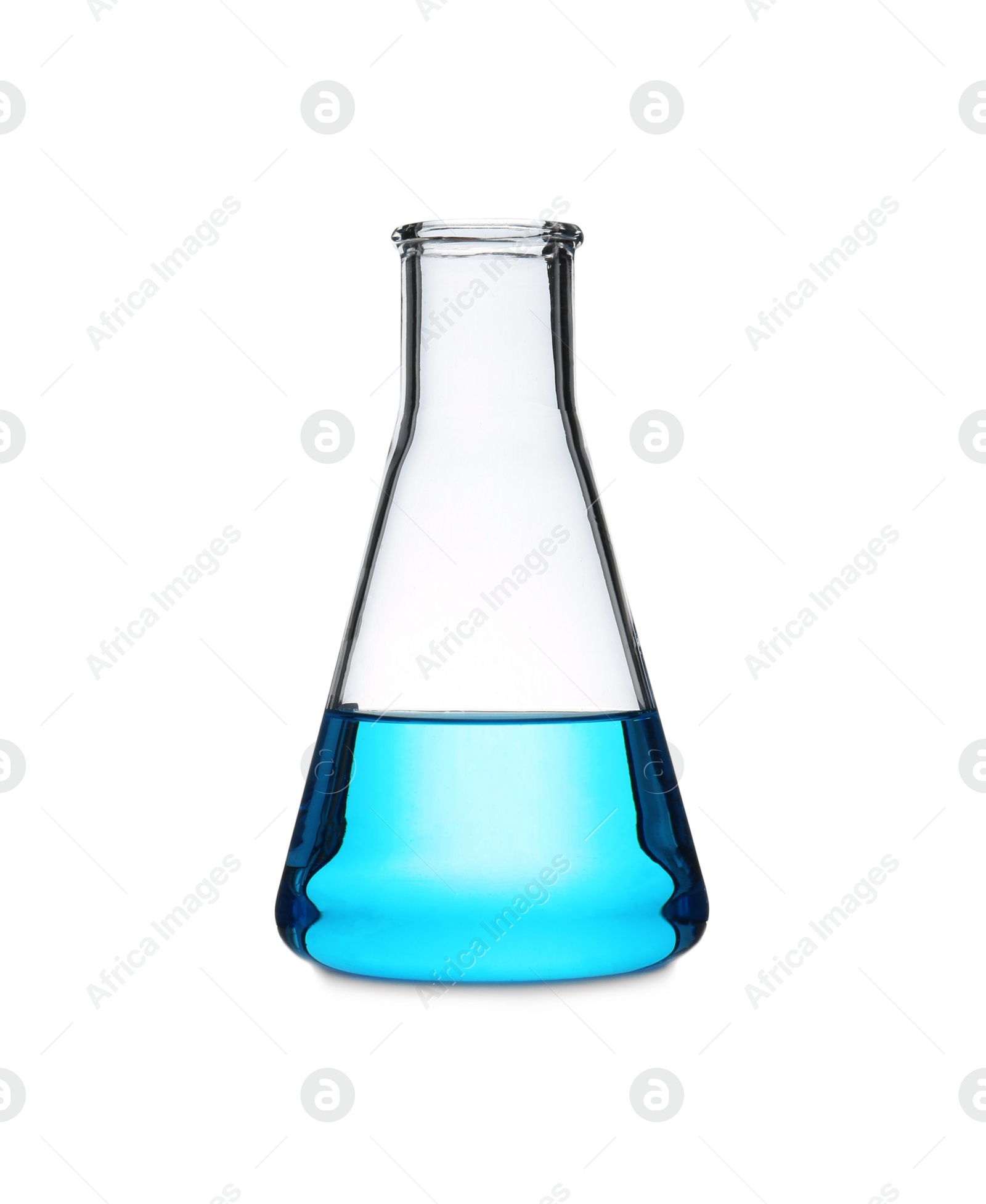 Photo of Erlenmeyer flask with light blue liquid isolated on white