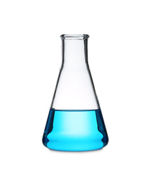 Erlenmeyer flask with light blue liquid isolated on white