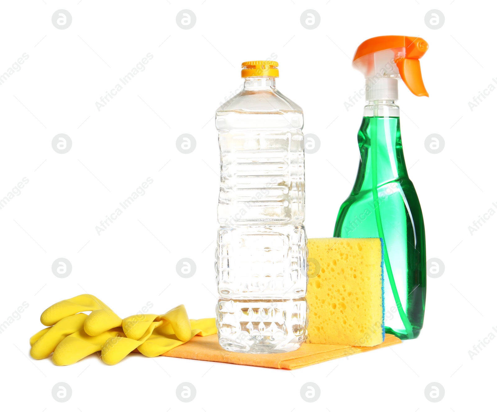 Photo of Composition with vinegar and cleaning supplies on white background