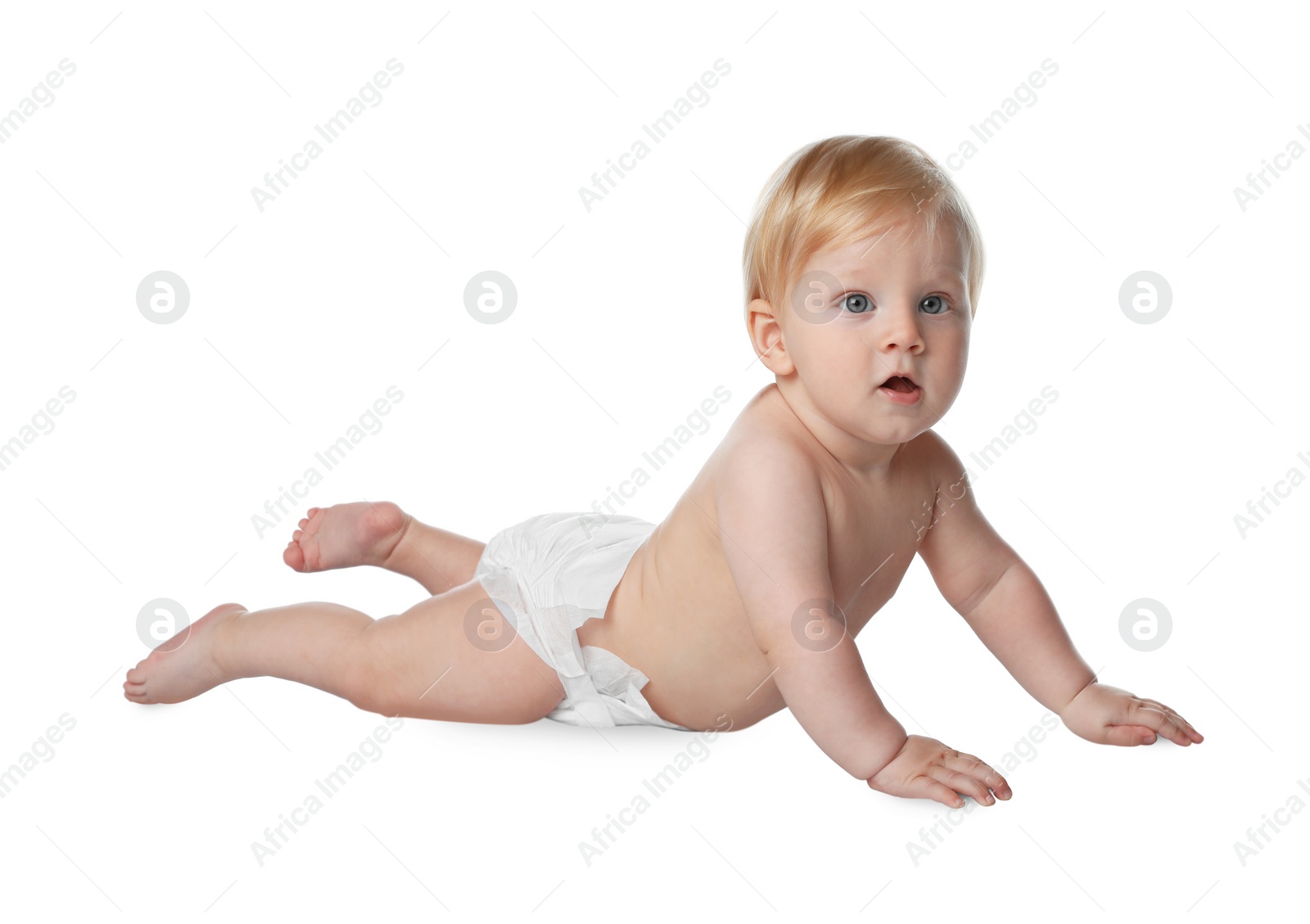 Photo of Cute little baby in diaper on white background