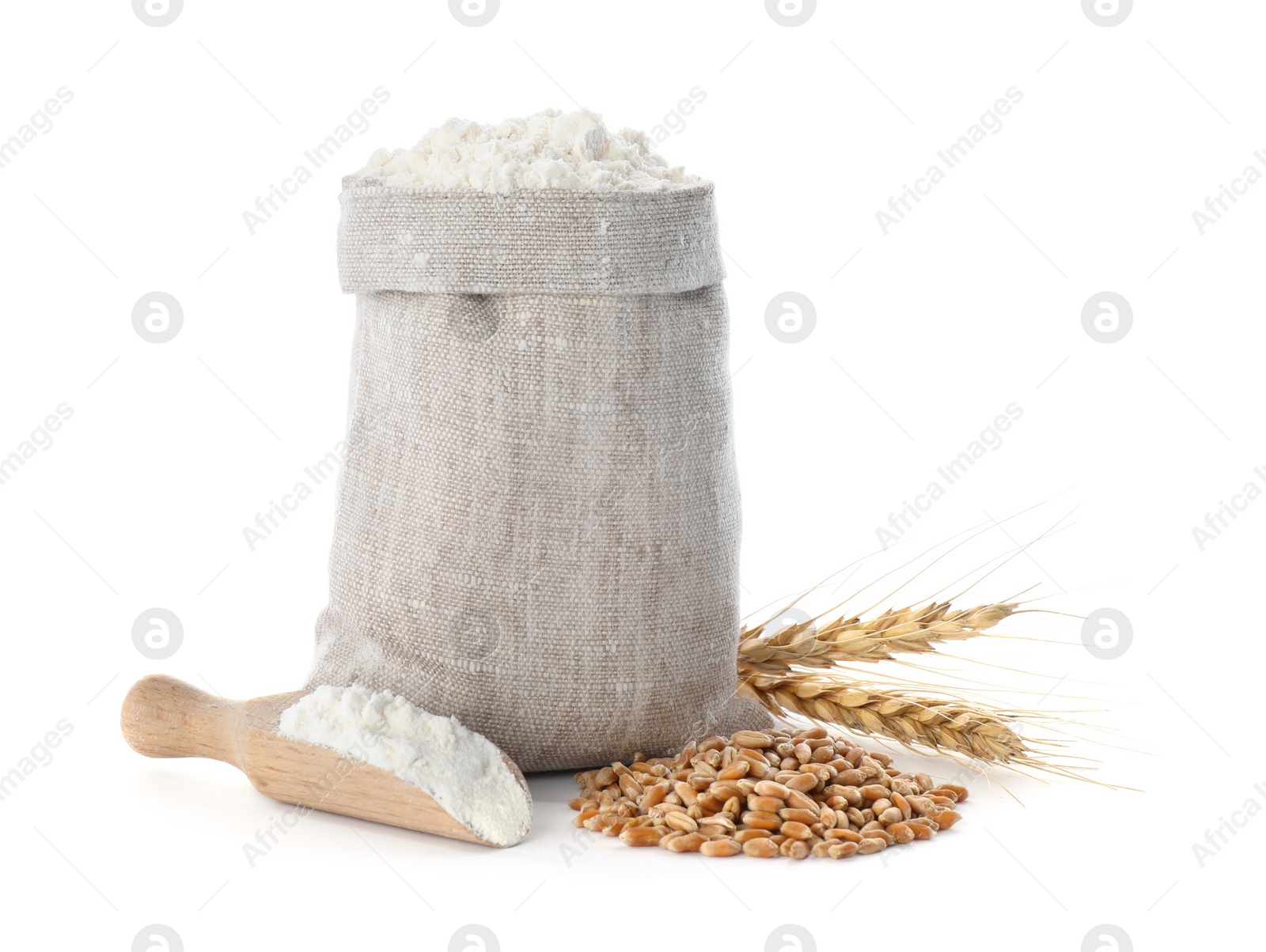 Photo of Sack with flour, grains and wheat spikes on white background