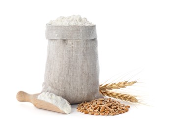 Photo of Sack with flour, grains and wheat spikes on white background