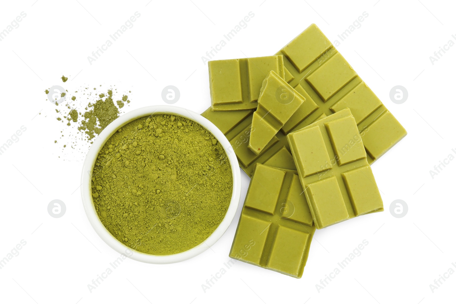 Photo of Pieces of tasty matcha chocolate bar and powder isolated on white, top view