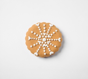 Photo of Tasty homemade Christmas cookie on white background, top view