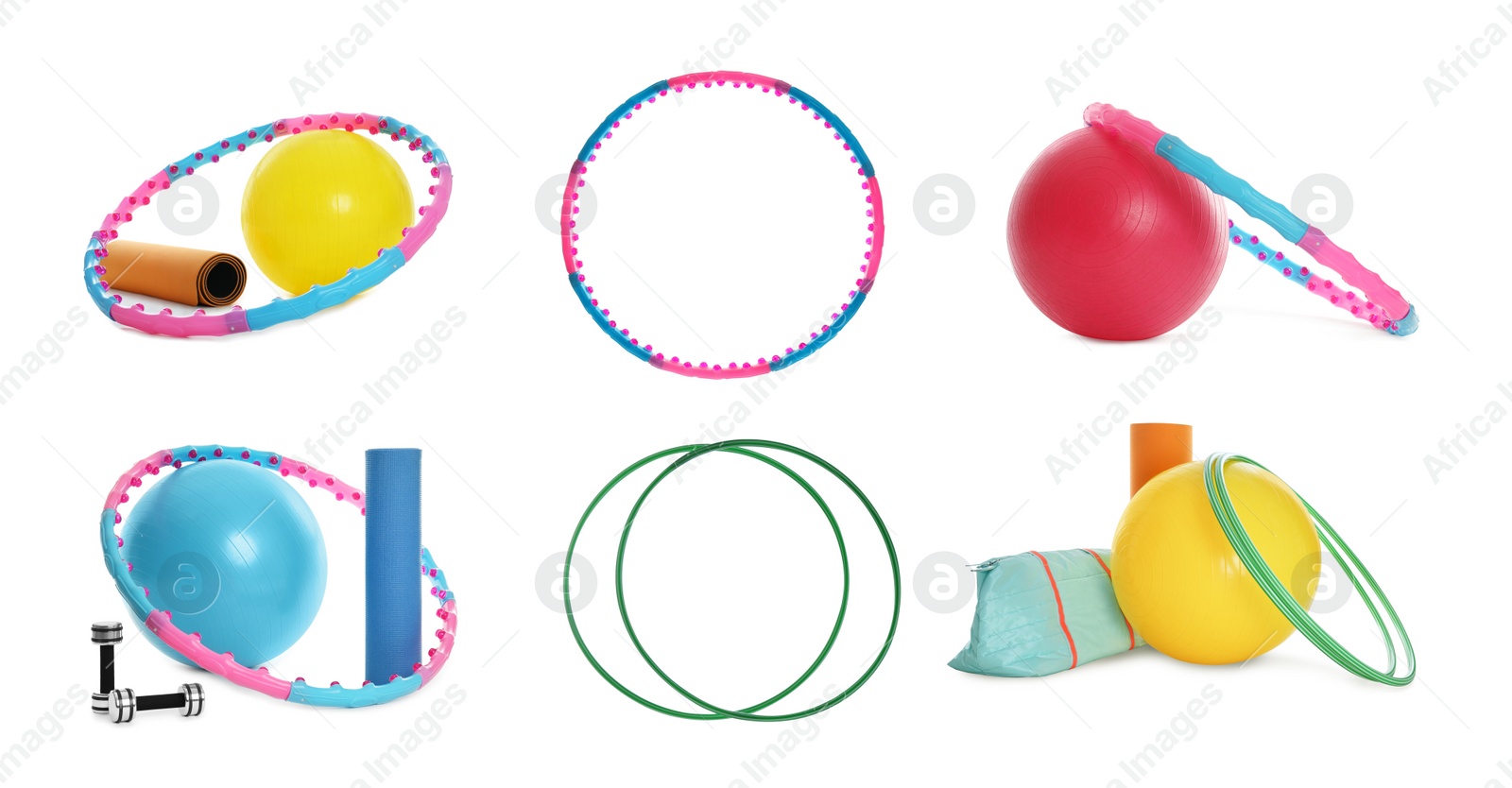 Image of Set of hula hoops and other sports equipment isolated on white. Banner design