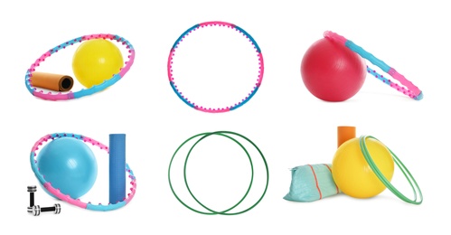 Set of hula hoops and other sports equipment isolated on white. Banner design