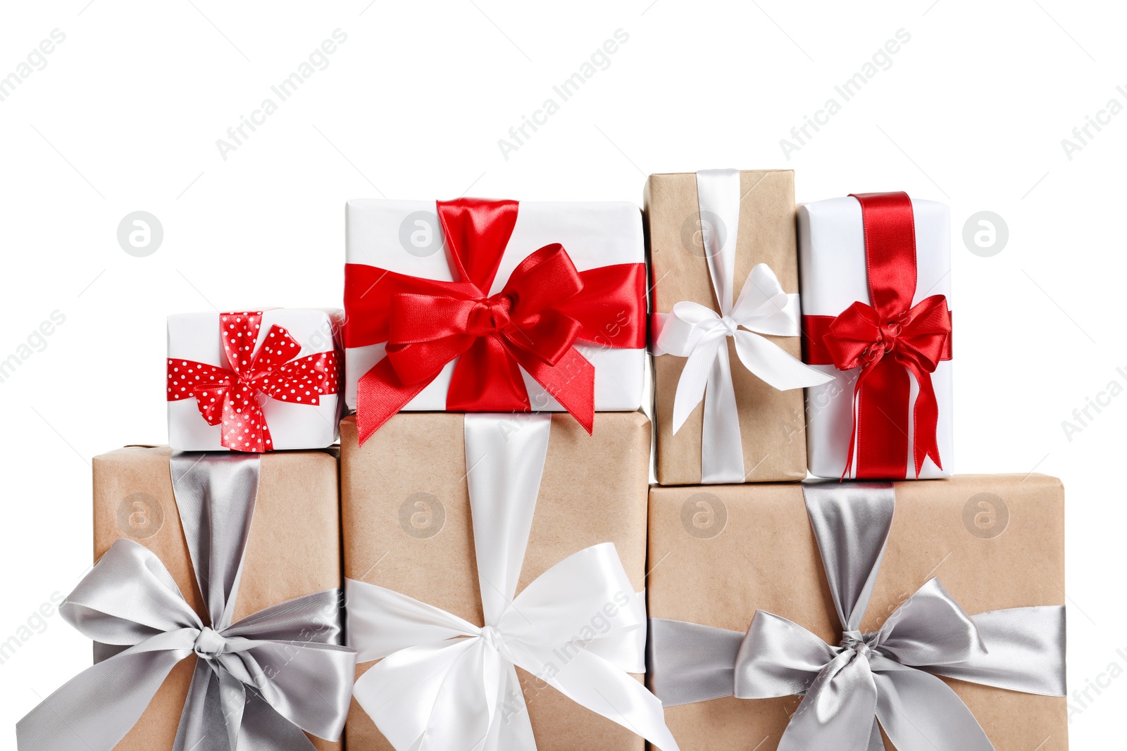 Photo of Beautifully wrapped gift boxes on white background