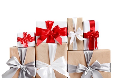 Beautifully wrapped gift boxes on white background