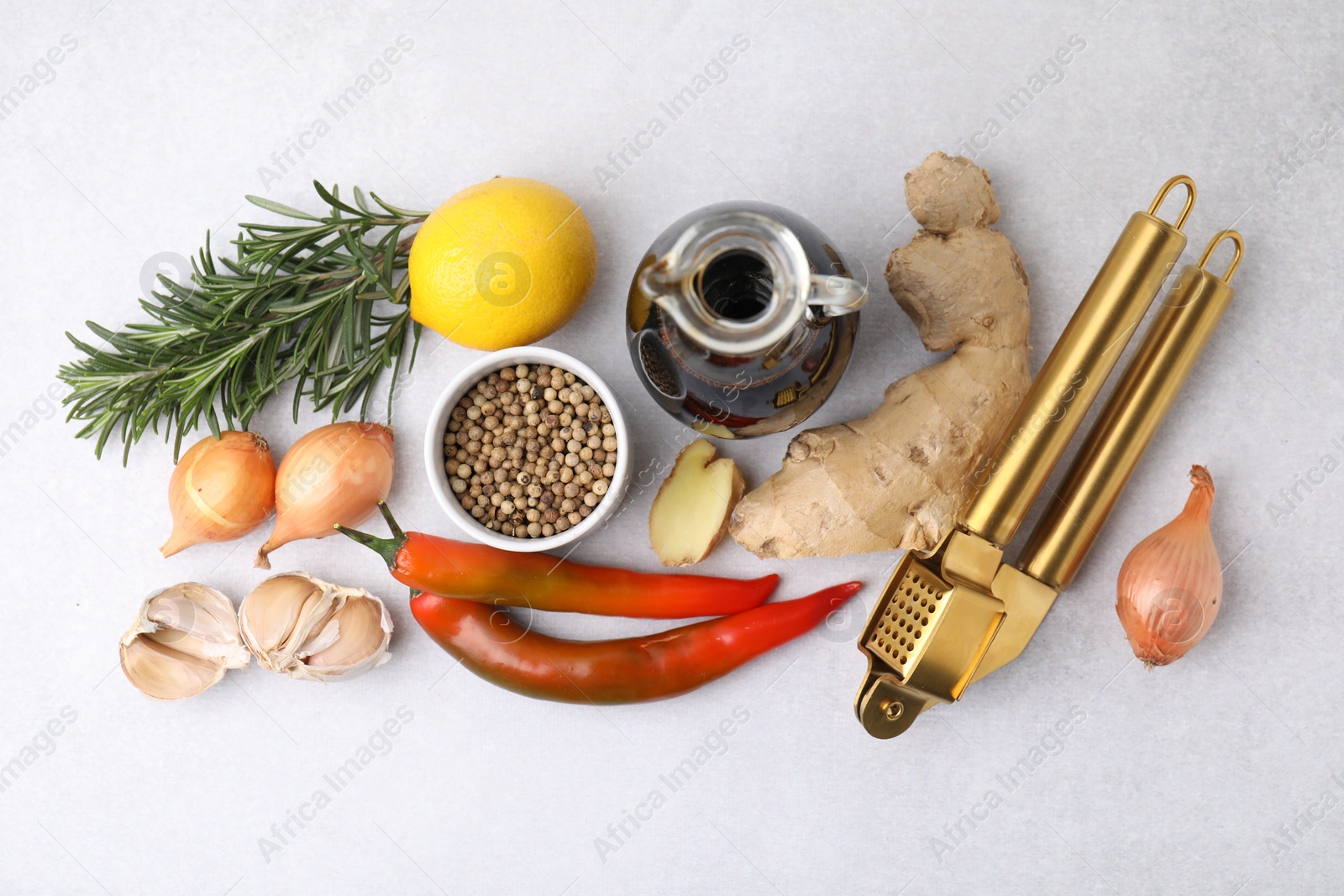 Photo of Different fresh ingredients for marinade and garlic press on light grey table, flat lay