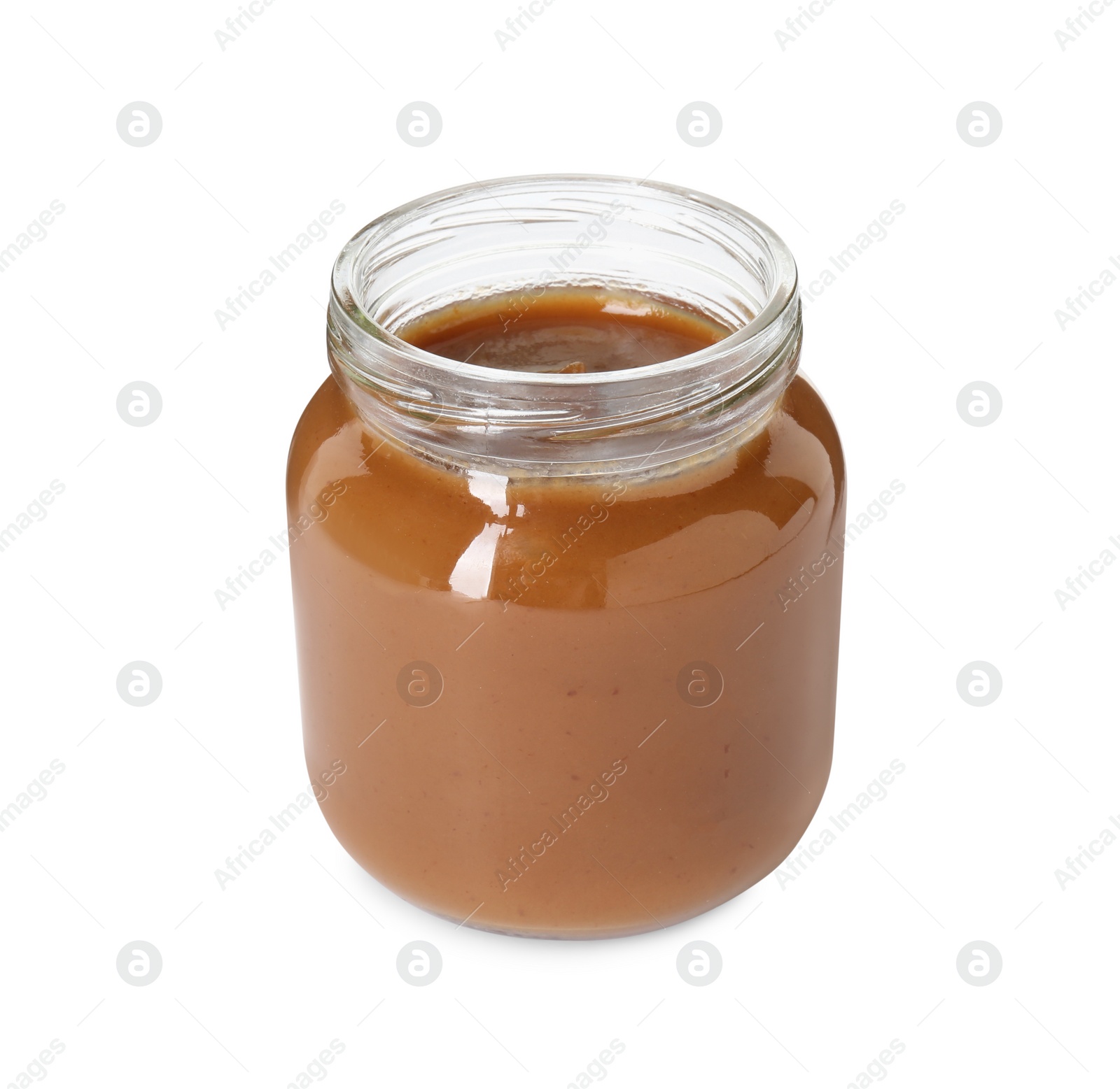 Photo of Baby food. Tasty healthy puree in jar isolated on white