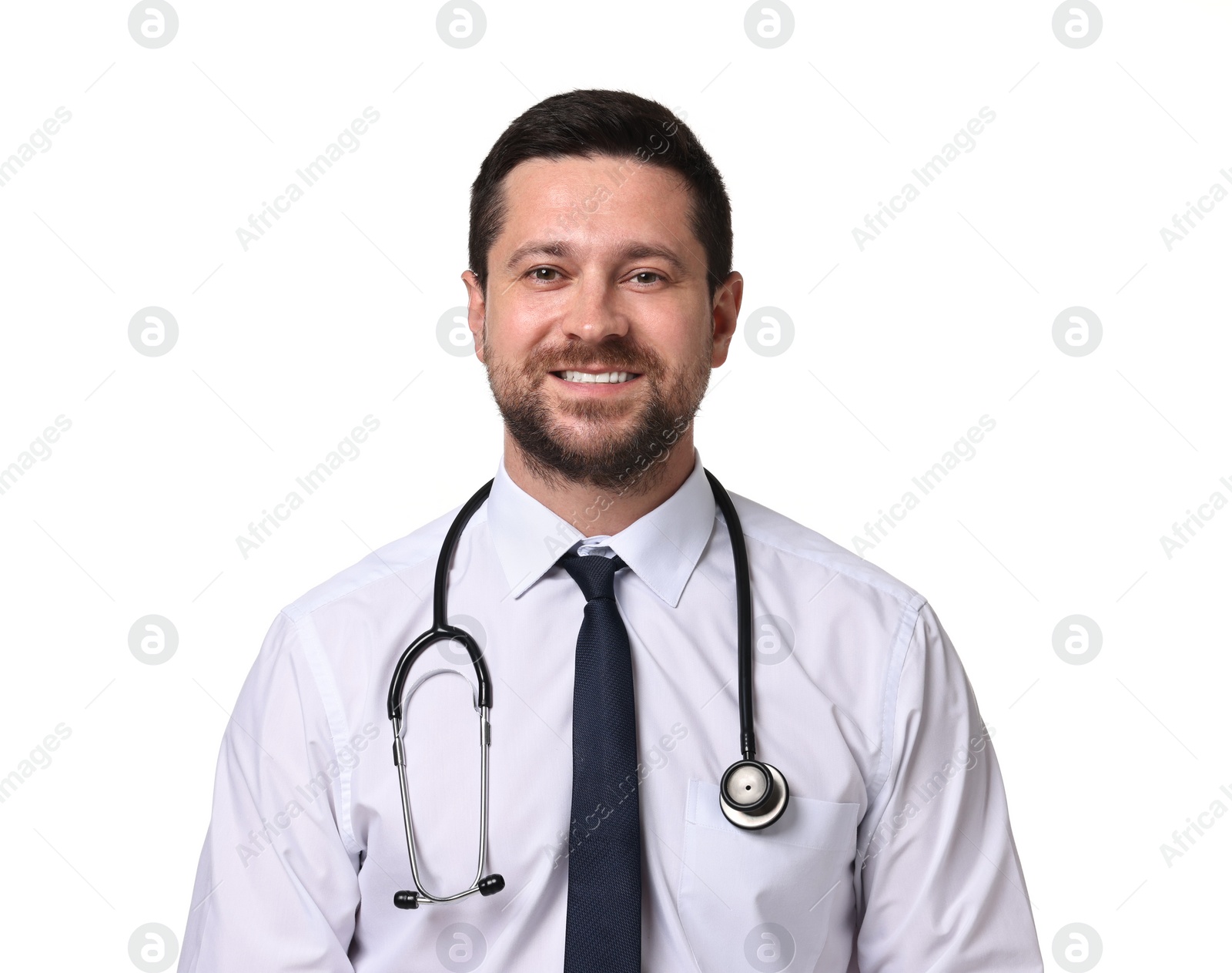 Photo of Portrait of happy doctor with stethoscope on white background