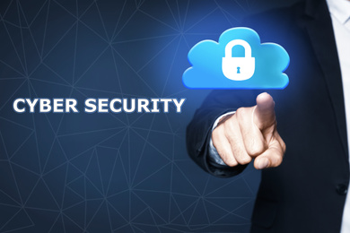 Image of Cyber security concept. Businessman touching cloud with padlock illustration, closeup