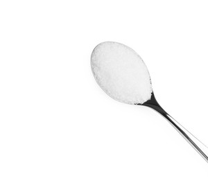 Photo of Spoon with granulated sugar isolated on white, top view