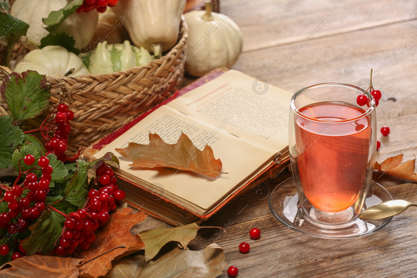 Photo of Delicious viburnum tea, books and pumpkins on wooden table. Cozy autumn atmosphere