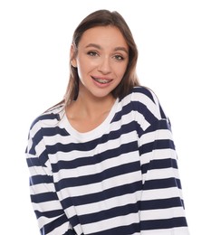 Embarrassed woman in shirt on white background