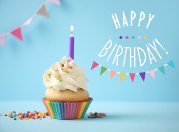 Image of Happy Birthday! Delicious cupcake with candle on light blue background.