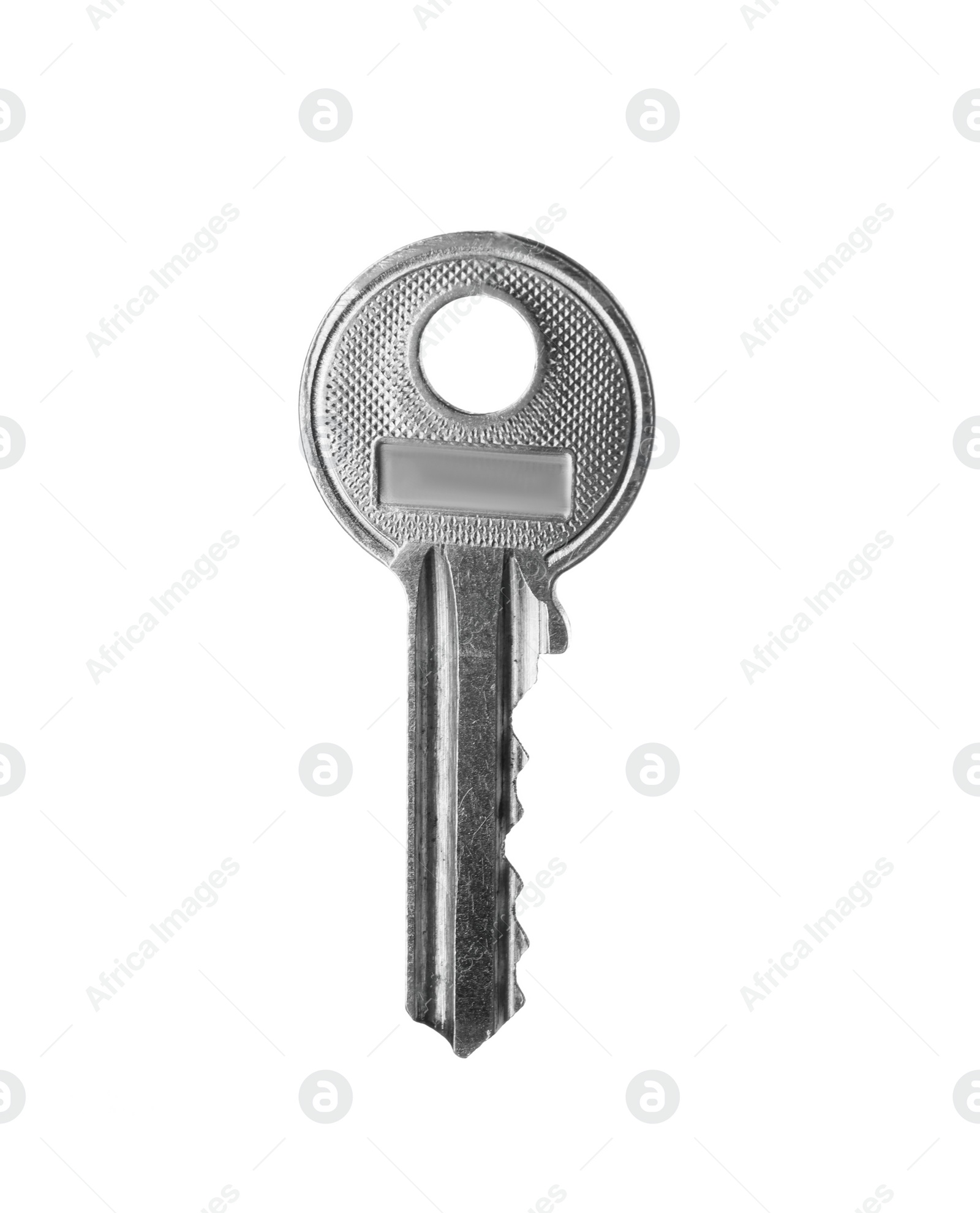 Photo of One modern steel key on white background