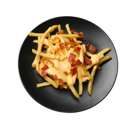 Photo of Delicious French fries with bacon and cheese sauce isolated on white, top view