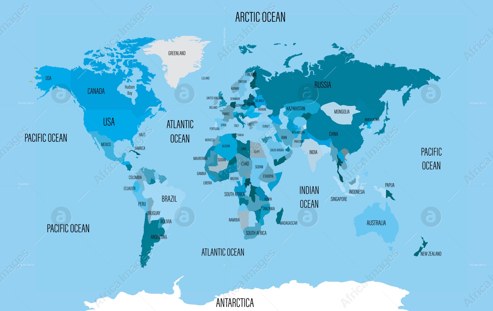 Illustration of World map with names of countries and oceans. Travel agency concept