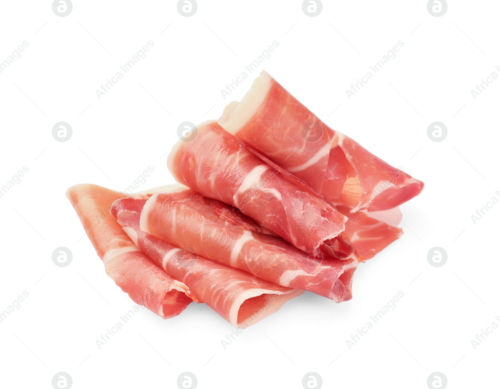 Photo of Slices of delicious jamon isolated on white