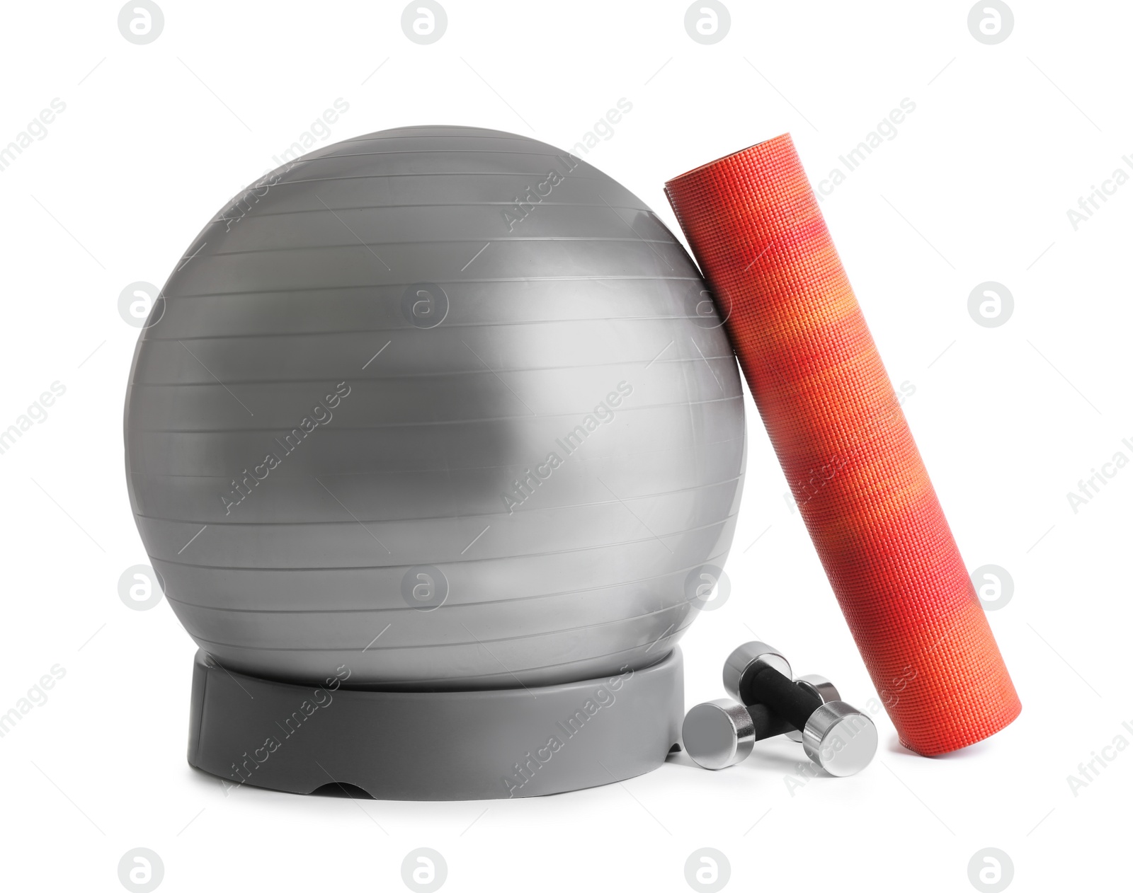 Photo of Set of fitness inventory on white background