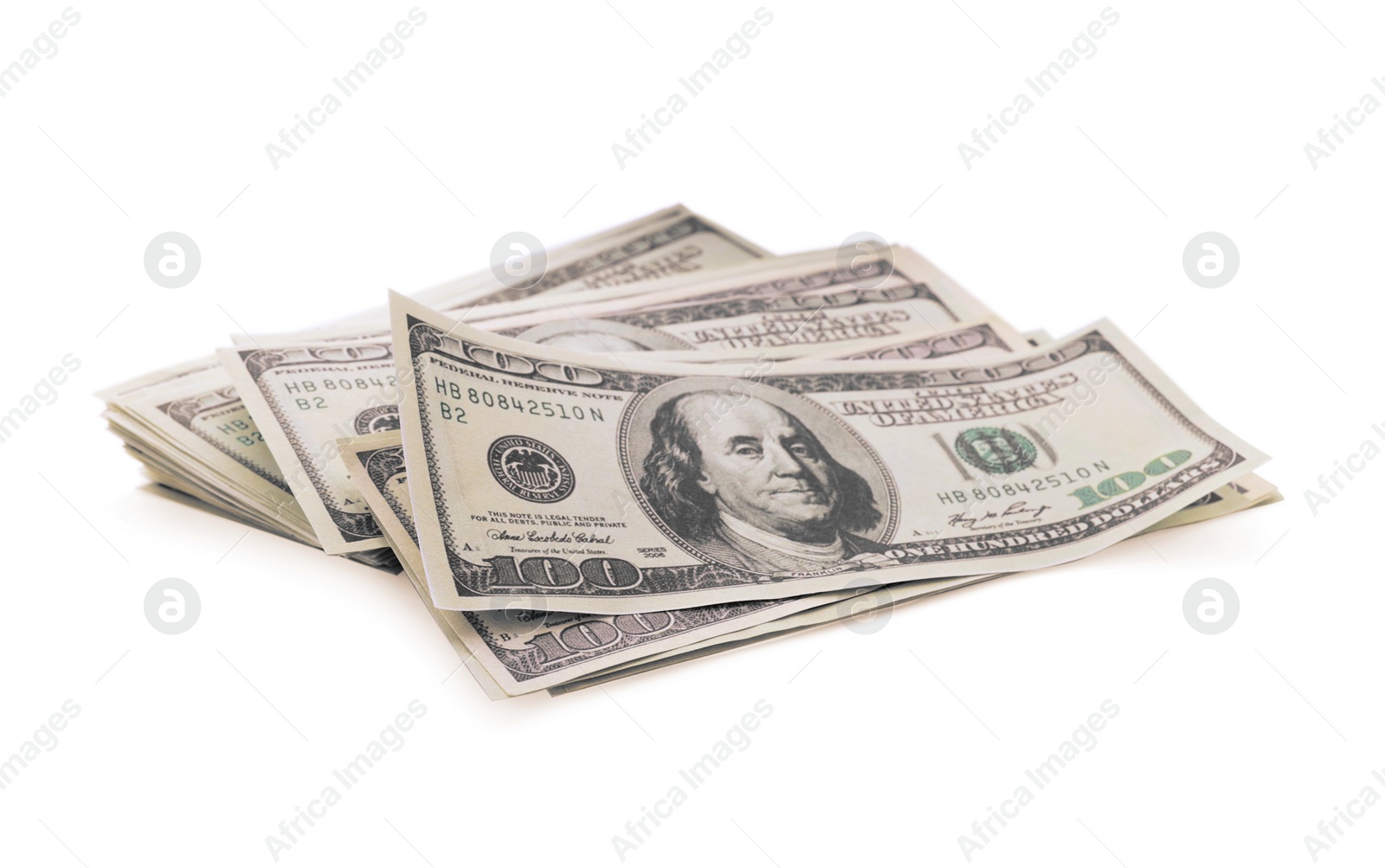 Photo of Many dollar banknotes on white background. American national currency