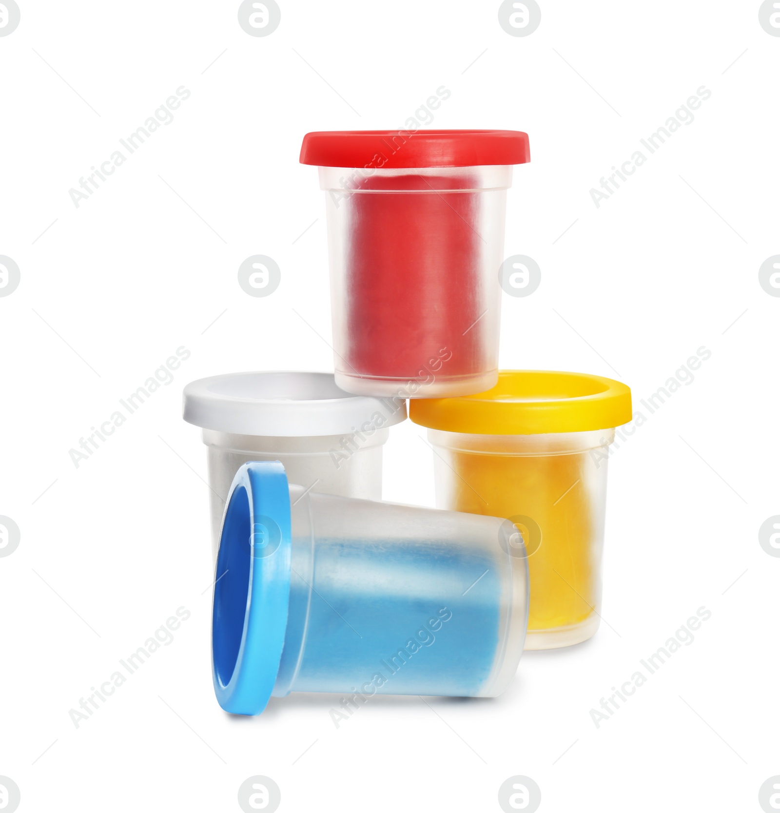 Photo of Plastic containers with colorful play dough on white background