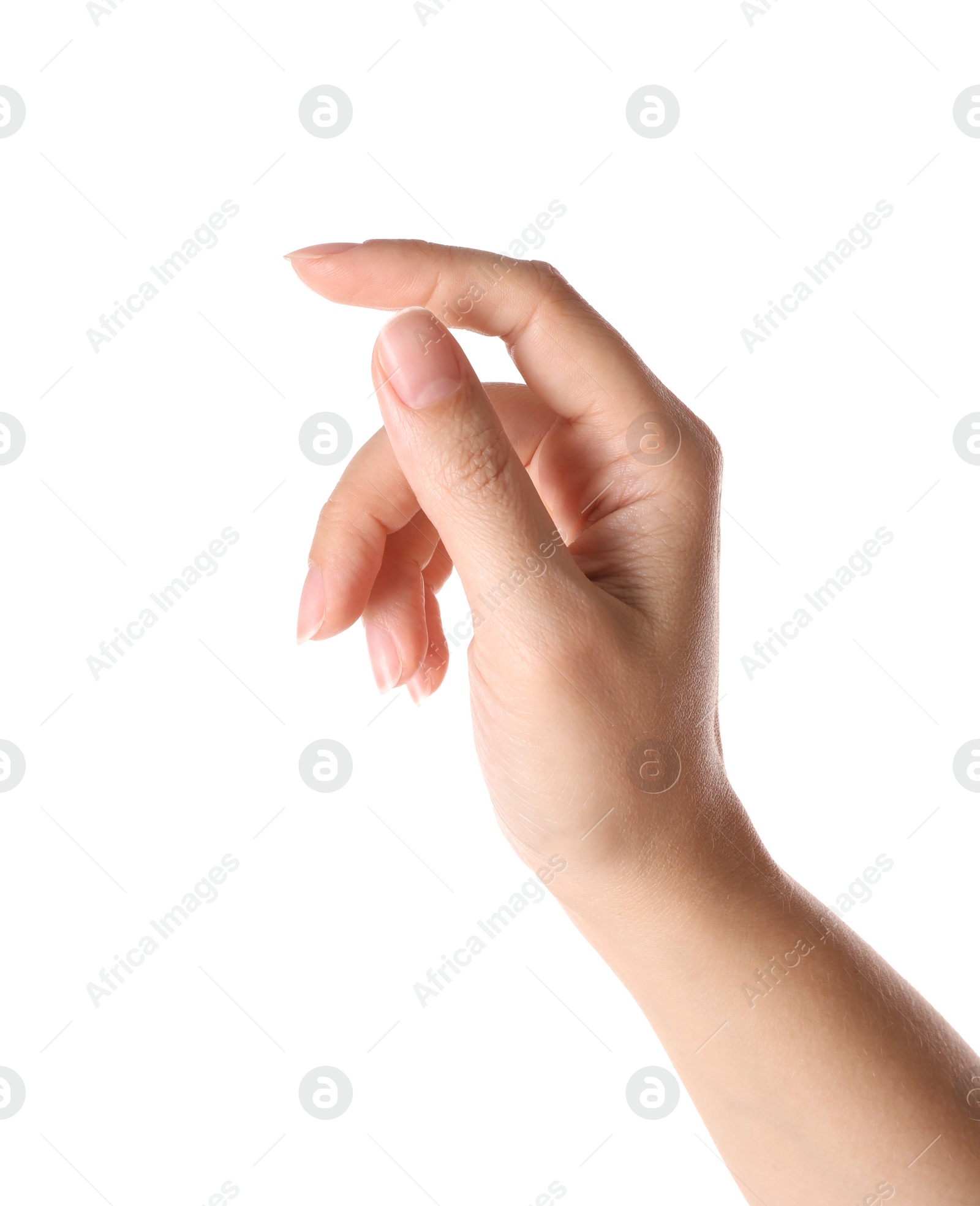 Photo of Woman pointing at something on white background, closeup of hand