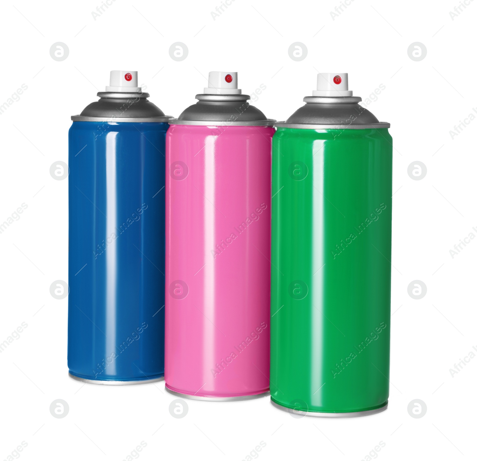 Photo of Colorful cans of spray paints on white background