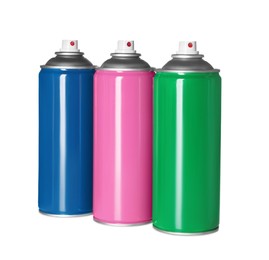 Colorful cans of spray paints on white background