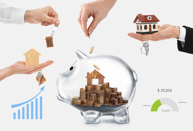 Image of Woman putting coins into transparent piggy bank with house model on white background, closeup. Saving money for real estate