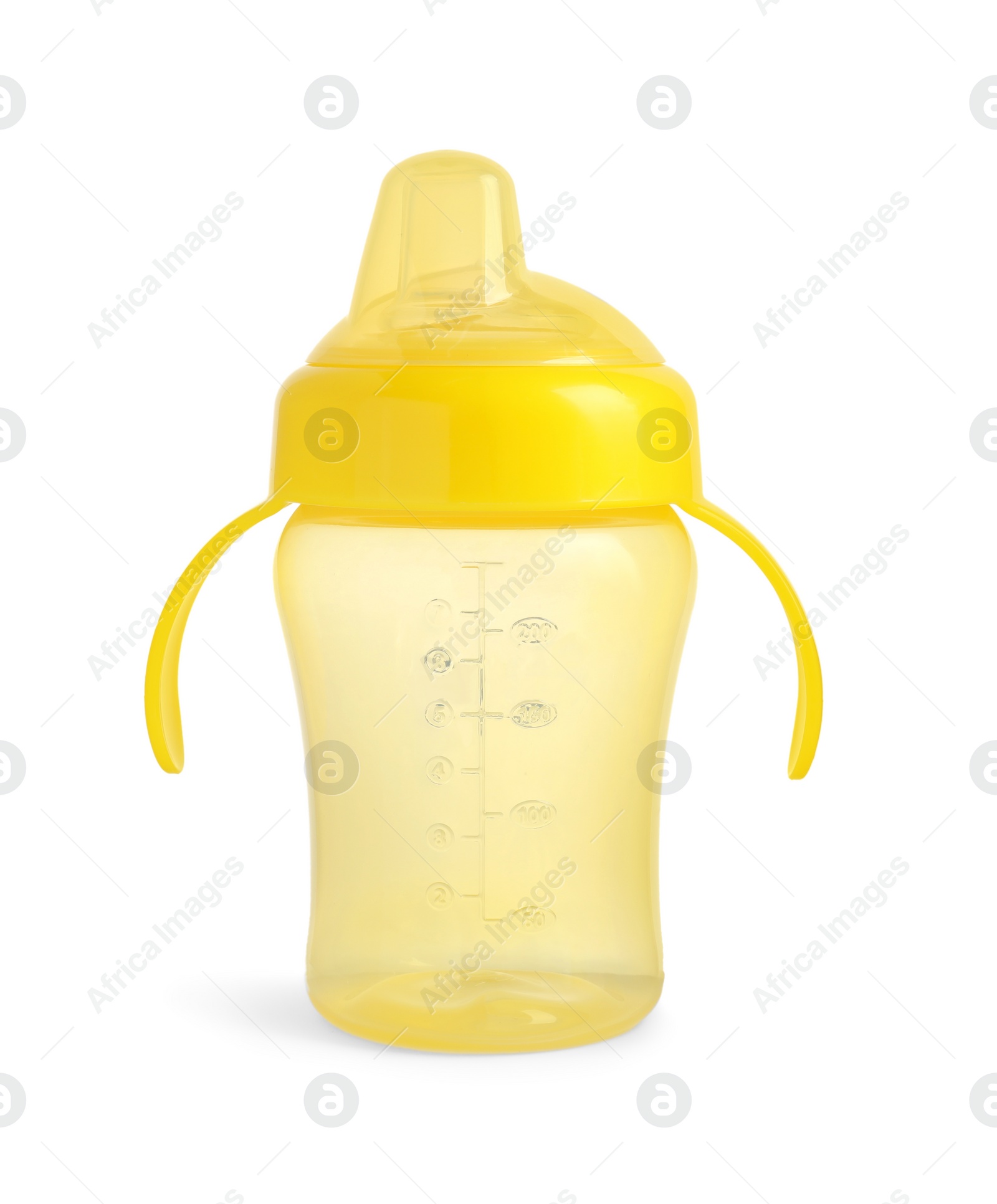 Photo of Empty yellow feeding bottle for infant formula isolated on white