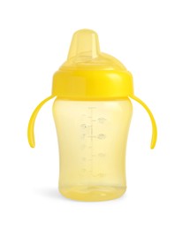 Photo of Empty yellow feeding bottle for infant formula isolated on white