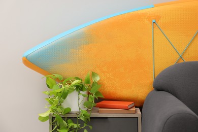 Photo of Closeup view of SUP board behind stylish sofa in room. Interior element