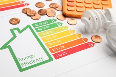 Photo of Energy efficiency rating chart with light bulbs, coins and calculator on white background, closeup