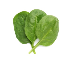 Fresh leaves of spinach isolated on white, top view