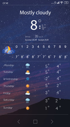 Image of Weather forecast widget on screen. Mobile application