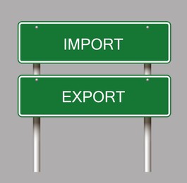 Illustration of Import Export rectangle shaped green road sign on light grey background