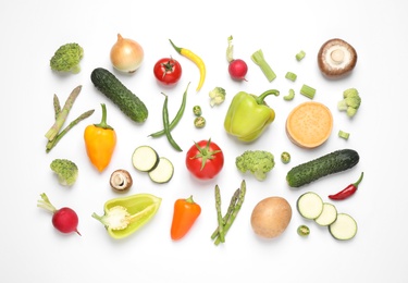 Photo of Flat lay composition with fresh vegetables on white background