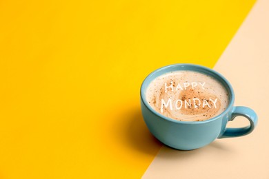 Image of Happy Monday. Cup of aromatic coffee on color background, space for text
