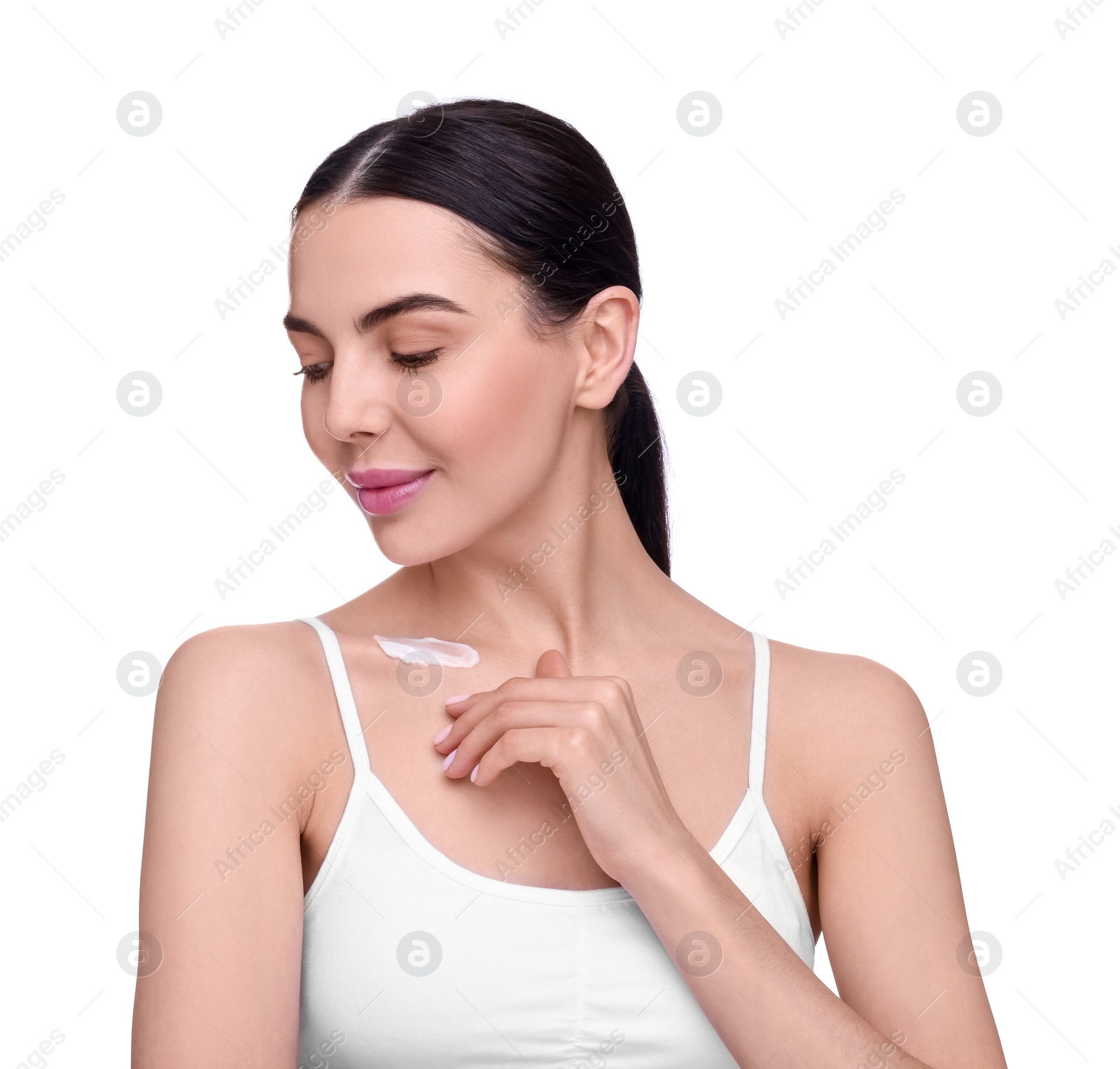 Photo of Beautiful woman with smear of body cream on her collarbone against white background