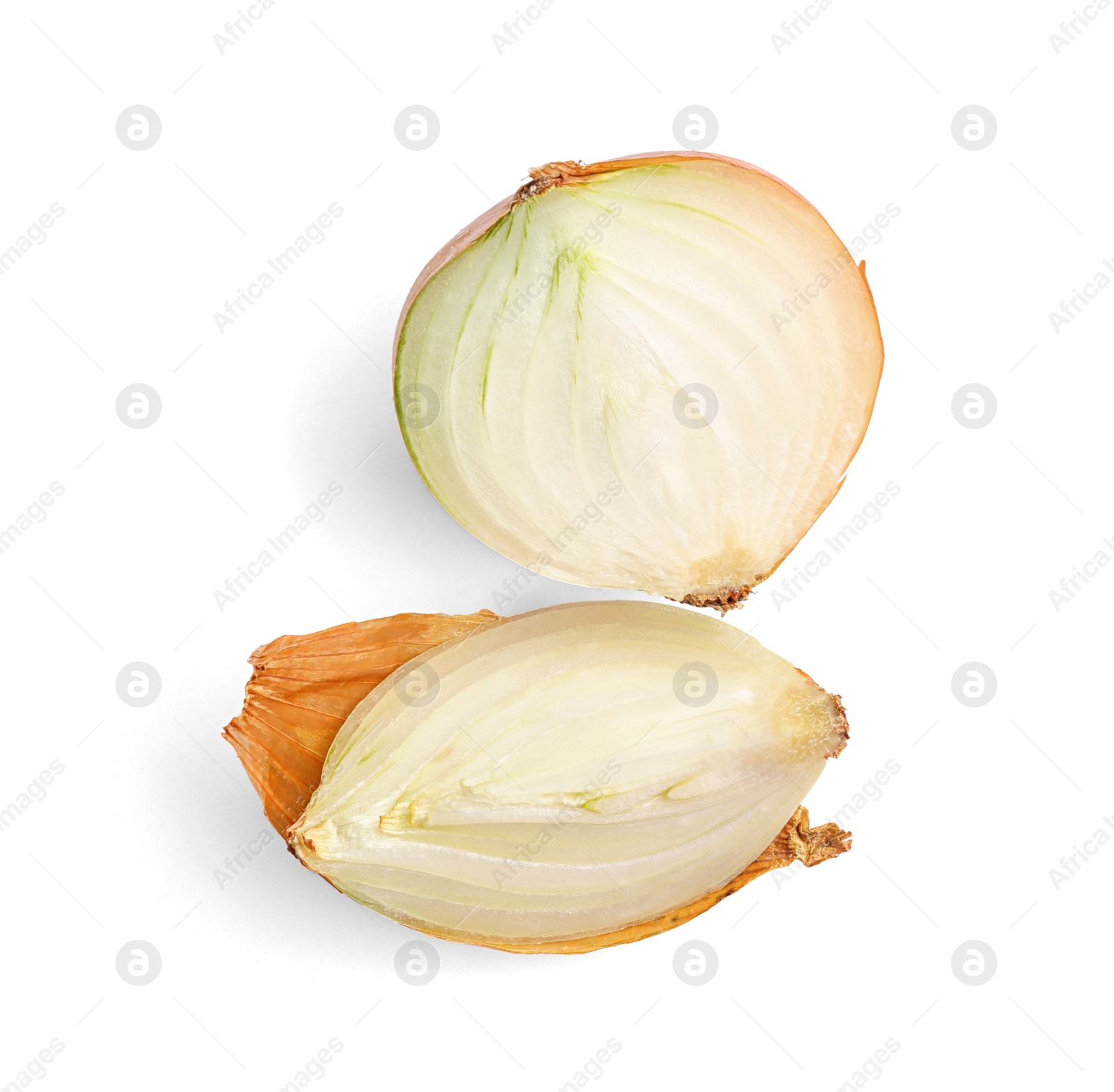 Photo of Slices of fresh ripe onion on white background