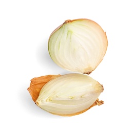 Slices of fresh ripe onion on white background