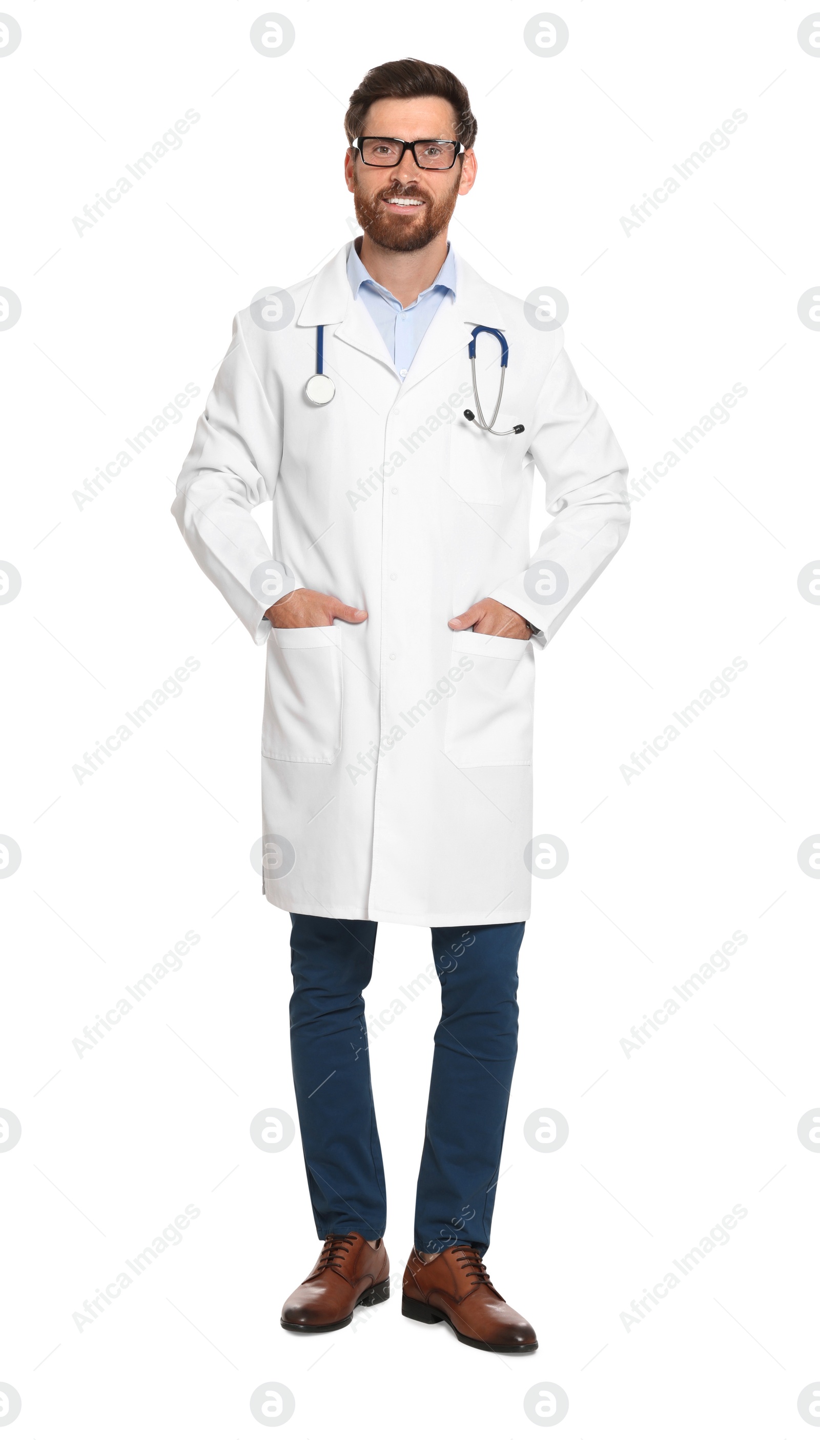 Photo of Full length portrait of doctor with stethoscope on white background