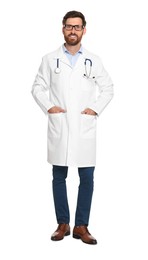 Photo of Full length portrait of doctor with stethoscope on white background