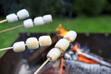 Photo of Delicious puffy marshmallows roasting over bonfire, closeup